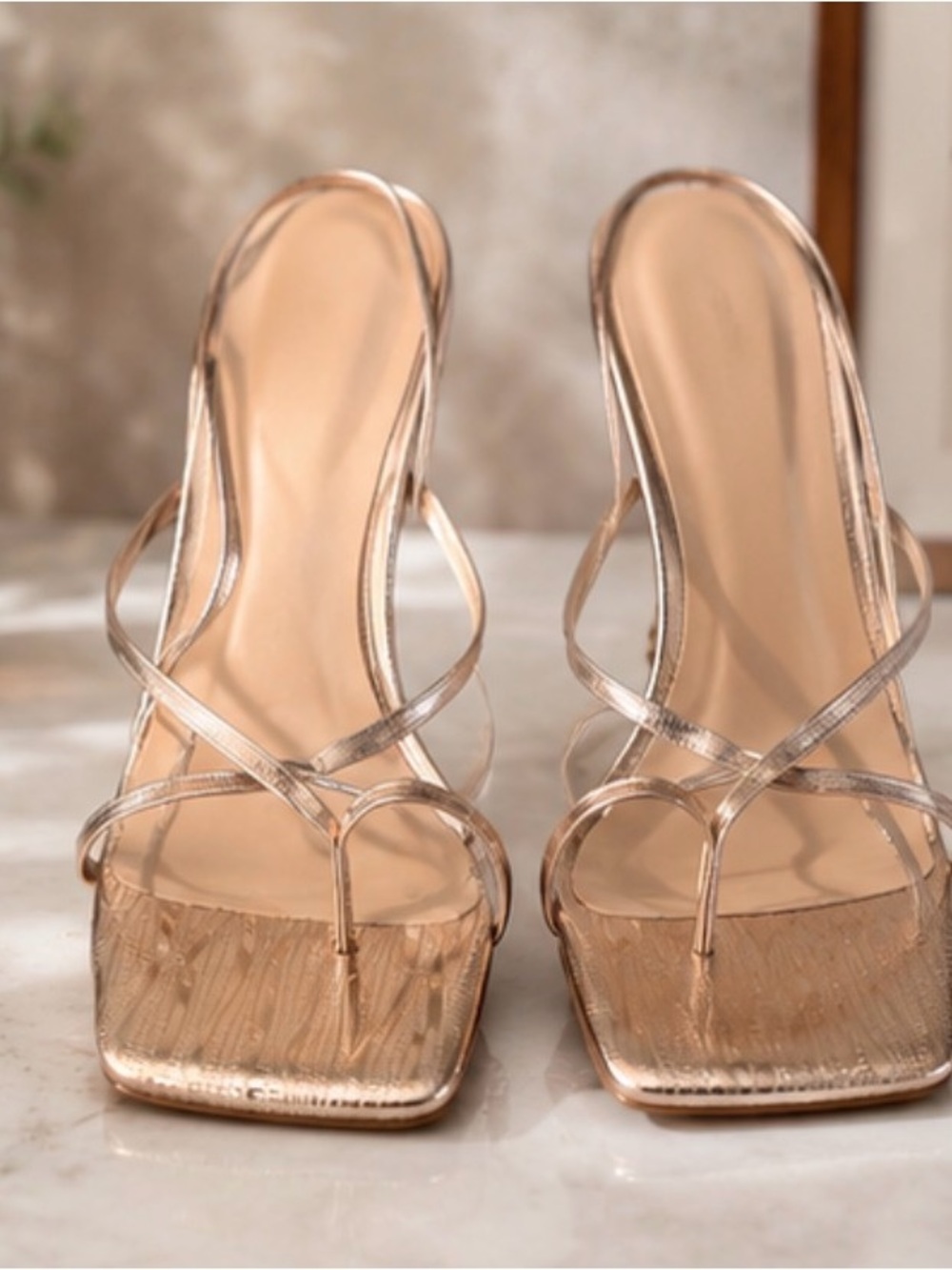 Women's Rose Gold Strappy Square-Toe Heels